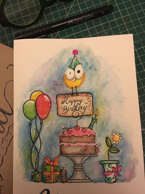 50th Birthday Watercolor Card, Watercolor 40th Birthday Card, Water Colored Birthday Cards, 21st Birthday Cards Watercolor, Cute Watercolor Birthday Card Ideas, Funny Birthday Card Drawings, Watercolor Bday Card Ideas, Whimsical Birthday Cards, Watercolor Paintings Birthday Card