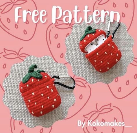 Strawberry Airpod Case, Crochet Case Pattern, Crochet Airpods Case, Hello Kitty Amigurumi, Crochet Airpods, Crochet Case, Crochet Tutorial Pattern, Crochet Patterns Free Beginner, Crochet Strawberry