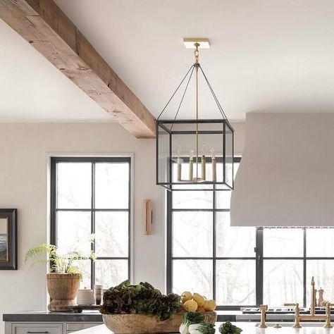 Brooke Wagner Design on Instagram: "Leather bar stools, brass fittings, reclaimed beams and a plaster hood suspended in front of steel windows acting as the most ideal ingredients in #bwdclientlakeminnetonka kitchen! ••• architect: @pka.arch  builder: @jkandsons  photography: @margaretfrancesphoto" Hood In Front Of Window, Reclaimed Beams, Steel Windows, Leather Bar Stools, Brass Fittings, The Grove, Beams, Bar Stools, Leather