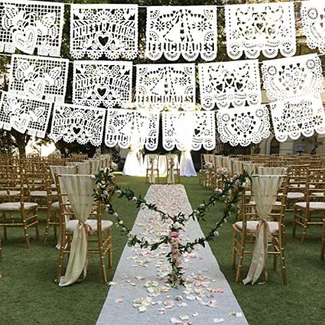 Mexican Party Banners (pack of 5 with 10 unique paper flag designs per banner) - WEDDING themed party decorations - Mexican Papel Picado for Mexican decorations 164 ft. in total. Mexican Paper Flags, Wedding Themed Party, Papel Picado Wedding, Mexican Decorations, Mexican Papel Picado, Mexican Themed Weddings, Retro Wedding Invitations, Flag Designs, Wedding Themed