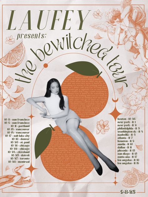 laufey bewitched tour poster; orange-shaped text with lyrics; tour dates on the side; cupid, orange, four-point star, and loon imagery Laufey The Singer Posters, Laufey Poster Retro, Laufey The Singer Poster, Laufey Bewitched Poster, Laufey Poster Ideas, Laufen Poster, Laufey Wallpaper Inspired, Bewitched Laufey, Laufey The Singer