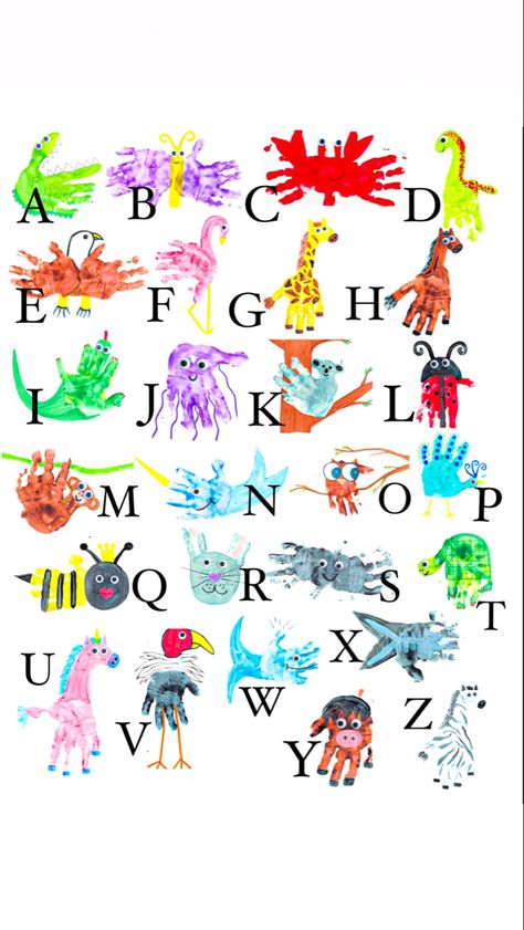 Abc With Handprints, Letter A Hand Print Craft, Alphabet Hand Painting, Alphabet With Handprints, Hand Paint Alphabet, Letter A Crafts For Preschool Hand Prints, Hand Print Alphabet Animals, Animals With Hand Prints, Hand Alphabet Art