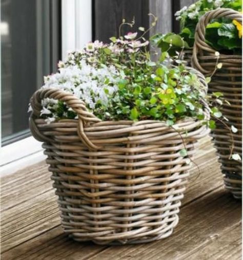 Rattan planter basket "small" pretty planter basket in trendy look with side handles in discreet whitewashed grey rattan, sturdily woven and lined with foil suitable for planting. Dimensions: DM approx. 30 x 23 cmMany matching garden articles at: https://www.etsy.com/de/listing/990087988/blumenkasten-rattan-in-2-grossen?ref=shop_home_active_11 https://www.etsy.com/de/listing/990068870/balkonkasten-rattan-3-grossen-ff107915?ref=shop_home_active_14 Basket Planters Outdoor, Large Basket Decor Ideas, Victorian Yard, Wicker Basket Planter, Ranch Garden, Garden Baskets, Cane Decor, Plants In Baskets, Rattan Planters