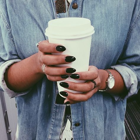 chambray denim shirt. black nails. pointed nails. coffee Nail Goals, Nail Time, Pointed Nails, Finger Nails, Nail Ring, Beauty Inspo, Black Nail, Birthday Board, Dope Nails