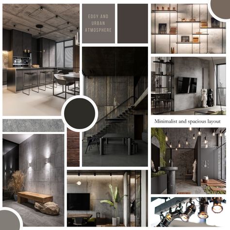 A mood board of idustrial style interiors Industrial Interior Design Mood Board, Industrial Mood Board, Interior Architecture Presentation, Stippling Art, Industrial Interior Design, Sales Office, Interior Design Mood Board, Mood Board Design, Architecture Presentation