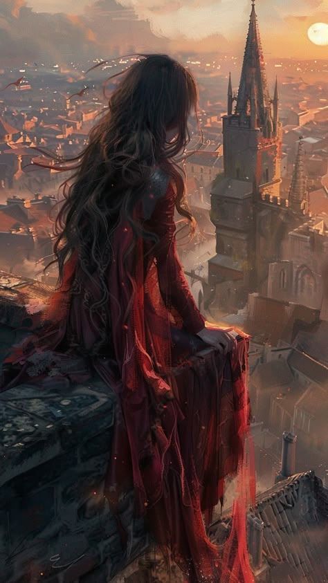 Dark Red Castle Aesthetic, Fire Castle Fantasy Art, Red Castle Aesthetic, Medieval Woman Art, High Fantasy Aesthetic, Majestic Castle, Medieval Magic, Medieval Girl, Vampire Book