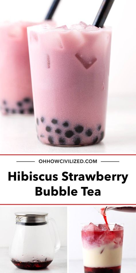 This pretty hibiscus strawberry bubble tea is sweet, tart, and fruity! Get step-by-step instructions and tips for making the best bubble tea at home. #hibiscusstrawberrybubbletea #bubbletea #milktea #strawberrydrinks #hibiscus #pinkdrinks Easy Bubble Tea Recipe, Strawberry Bubble Tea, Strawberry Drink Recipes, Bubble Tea At Home, Sweet Tea Recipes, Bubble Tea Recipe, Milk Tea Recipes, Easy Teas, Tea Drink Recipes