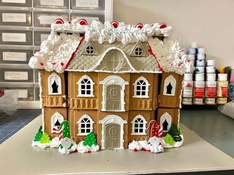 Dollar Tree Playhouse Ideas, Gingerbread House Dollar Tree Diy, How To Make A Fake Gingerbread House, Fake Bake Gingerbread House, Diy Gingerbread House From Doll House, Dollhouse Into Gingerbread House, Doll House To Gingerbread House, Diy Dollar Tree Gingerbread House, Dollar Tree Village Houses