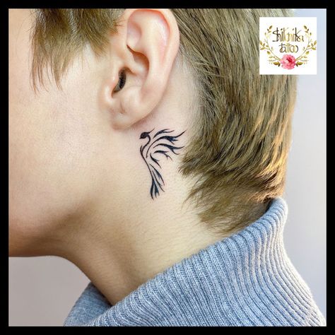 Phoenix Tattoo Neck, Phoenix Tattoo Behind Ear, Semi-colon Phoenix Tattoo, Small Phoenix Tattoo Men, Neck Tattoo Designs Men, Phoenix Neck Tattoo, Feniks Tattoo, Back Of Neck Tattoo Men, Phoenix Illustration