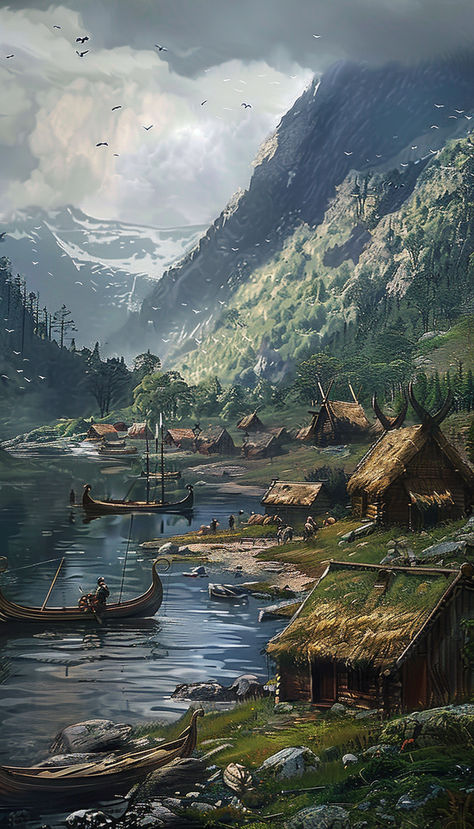 Viking Longboats in the harbor of a Viking village Picturesque Mountains Fantasy Viking Village Concept Art, Viking Village Art, Viking Building Concept Art, Fantasy Viking Village, Viking Battle Scene, Mountain Village Fantasy Art, Mountain Village Aesthetic, Modern Viking Aesthetic, Viking Cottage