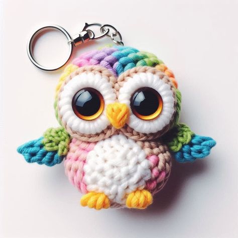 Create a colorful owl amigurumi keychain with this easy crochet pattern. Perfect for beginners and a fun, vibrant addition to any keychain collection! Crochet Amigurumi Keychain, Owl Crochet Pattern Free, Crochet Keyring, Amigurumi Keychain, Keychain Collection, Owl Crochet Patterns, Owl Keychain, Colorful Owl, Crochet Birds