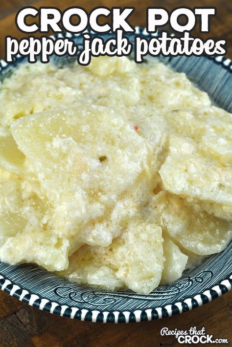 This Crock Pot Pepper Jack Potatoes recipe is surprisingly easy to make! Better yet, it gives you a wonderfully flavorful side to go with dinner! Jack Potato, Creamy Cheesy Potatoes, Casserole Crockpot Recipes, Best Biscuits And Gravy, Crockpot Stuffed Peppers, Pizza Soup, Crock Pot Potatoes, Crock Pot Food, Scalloped Potato Recipes