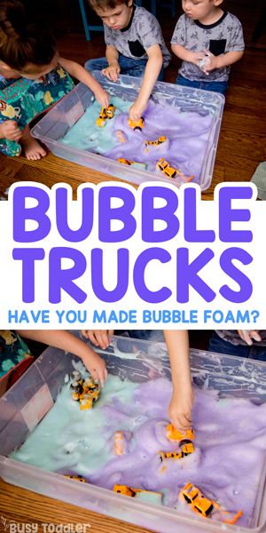 Bubble Trucks Sensory Activity #busytoddler #toddler #toddleractivity #easytoddleractivity #indooractivity #toddleractivities #preschoolactivities #homepreschoolactivity #playactivity #preschoolathome Bubble Foam, Soap Foam, Easy Toddler Activities, Sensory Activities Toddlers, Sensory Activity, Toddler Sensory, Parenting Classes, Daycare Activities, Easy Toddler