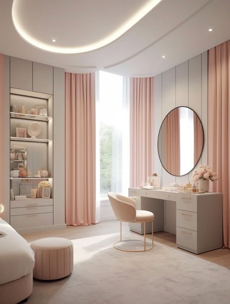 pink curtains, circle mirror, soft lighting Pink And White Aesthetic Room, Circle Mirror With Lights Bedroom, Pink Rounded Bed, Pink Bed With Curtains, Pink Teen Bedrooms, Pink Bed Curtains, Light Pink Rooms, Pink Bedroom Curtains & Drapes, Light Pink Bedrooms