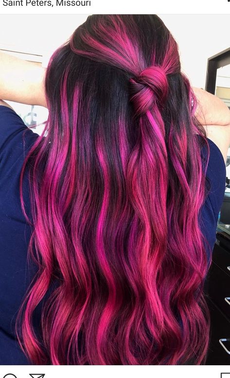 Hot Pink Baylage Hair, Colorful Baylage, Neon Pink Highlights In Brown Hair, Magenta Hair Peekaboo, Hot Pink Highlights In Brown Hair Curly, Red Pink And Black Hair, Hot Pink Balayage Brunette, Hot Hair Colors For 2023, Bright Pink Highlights In Brown Hair