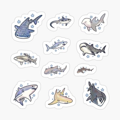 Get my art printed on awesome products. Support me at Redbubble #RBandME: https://www.redbubble.com/i/sticker/Shark-kinds-pack-by-Artofmayara/164633545.EJUG5?asc=u Shark Stickers Printable, Whale Shark Sticker, Whales Stickers, Shark Chibi, Stickers Drawing, Shark Stickers, Drawing Stickers, Shark Whale, Printable Paper Patterns