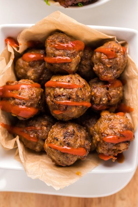 A white bowl filled with the best breakfast meatballs made with sausage. Breakfast Kabobs, Breakfast Meatballs, Sausage Meatballs Recipes, Bacon Wrapped Sausages, Bacon Roll, Sausage Meatballs, Pork Recipes Easy, Juicy Pork Chops, Kabob Recipes