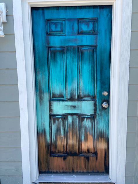 Unique Painted Doors Interior, Painted Bathroom Doors Creative, Unicorn Spit Front Door, Rustic Exterior Door, Chalk Painted Front Door, Unique Interior Door Painting Ideas, Funky Painted Kitchen Cabinets, Painted Door Ideas Creative, Painted Doors Creative