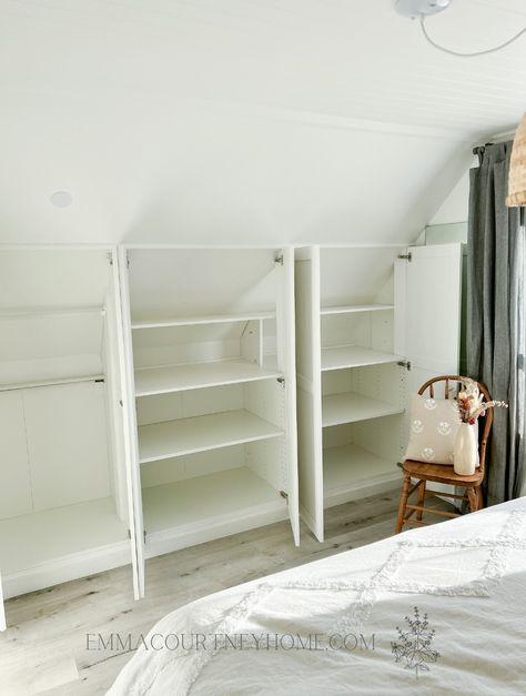 Ikea Hacks Attic Storage, Ikea Eaves Storage, Ikea Pax Under Eaves, Built In Closet Under Sloped Ceiling, Slanted Ceiling Cabinets, Ikea Slanted Ceiling Closet, Ikea Pax Closet Slanted Ceiling, Ikea Closet Hack Sloped Ceiling, Diy Wardrobe Sloped Ceiling