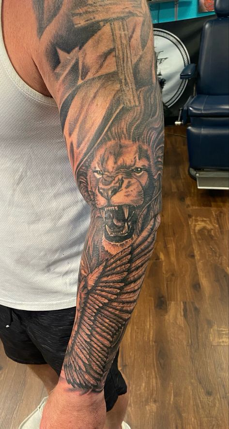 Lion angel wing Angel Wing Forearm, Forearm Sleeve, Angel Wings Tattoo, Wing Tattoo, Lion Tattoo, Matching Tattoos, Sleeve Tattoos, Tattoos