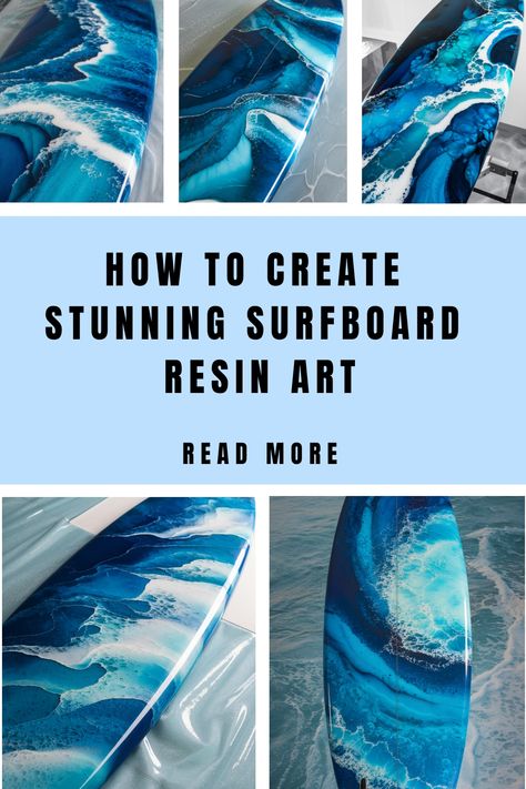 Surfboard decorated with blue and white resin art, showcasing ocean-inspired designs. Surfboard Design Ideas, Surfboard Resin, Surfboard Art Design, Resin Waves, Surfboard Art, Surfboard Design, Jewelry Decor, Transparent Resin, Art How