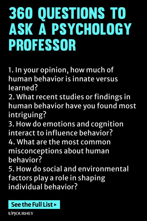 Explore a comprehensive list of 360 thought-provoking questions to ask a psychology professor. Whether you're looking for insights or expanding your knowledge, these questions will spark engaging conversations and deepen your understanding of the human mind. Perfect for students, aspiring psychologists, or anyone curious about the world of psychology. Ask away! Psychology Professor, Psychology Questions, Work Etiquette, Psychology Terms, Psychology Notes, Question To Ask, The Human Mind, Health Challenges, List Of Questions