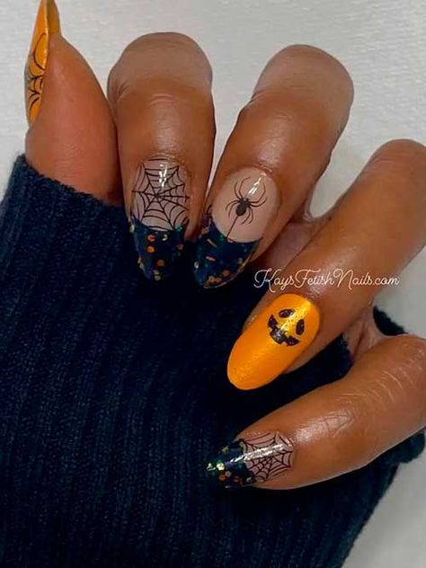 Mixed Mani Ideas, Color Street Halloween, Black And Purple Nails, Halloween Nail Colors, Candy Corn Nails, Web Of Lies, Neon Orange Nails, Unique Manicure, Mani Ideas