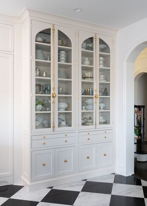 Elegant Kitchen with Dark Blue Island - Crystal Cabinets Dishes Display Cabinet, Custom China Cabinet, Built In Buffet Kitchen, Glass Door Cabinets Kitchen, Glass Cabinets Kitchen, Glass Upper Kitchen Cabinets, Floor To Ceiling Kitchen Cabinets, Dark Blue Island, Dinning Room Cabinet