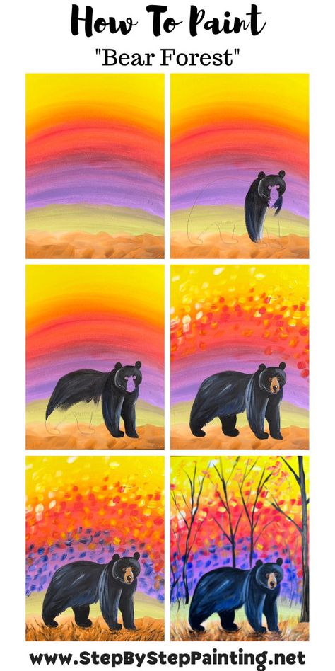 Bear Canvas Painting Easy, Step By Step Animal Painting, How To Paint A Bear, Animal Painting Ideas On Canvas, How To Paint Animals, Bear Paintings Easy, Diy Canvas Art Painting Step By Step, Bear Paintings Acrylic, Bear Canvas Painting