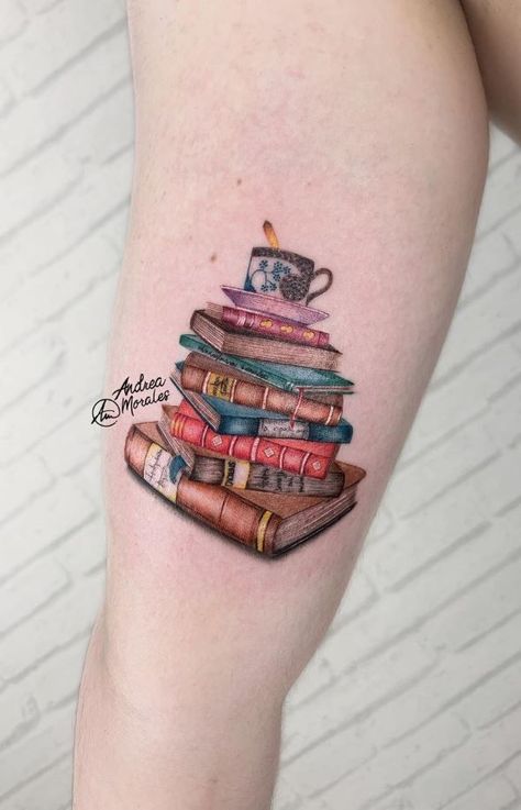 Book Tattoo Colorful, Teacup And Book Tattoo, Book Tattoo Color, Creative Tattoo Ideas For Women Unique, Book Tattoo Ideas For Women, Teacher Tattoo Ideas, Memories Tattoo, Education Tattoos, Book Inspired Tattoos