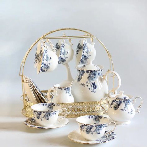 Elegant Tea Set for Your Perfect Tea Time - Teasetbox.com Floral Tea Set, English Tea Set, Bone China Teapots, Tea Cup Design, China Teapot, Teapot Set, Blue Floral Design, Antique Dishes, China Tea Sets