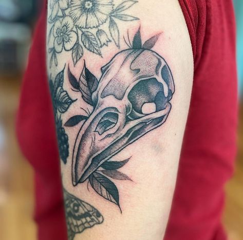 Simple Bird Skull Tattoo, Bird Skull Tattoo Design, Vulture Skull Tattoo, Duck Skull Tattoo, Humming Bird Skull Tattoo, Overgrown Animal Skull Tattoo, Bird Skull With Flowers Tattoo, Bird Skull Tattoo, Eagle Skull