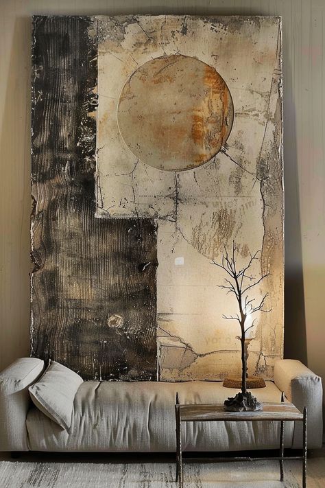 Natural Abstract Art, Wasabi Decor, Wabi Sabi Artwork, Dark Wabi Sabi, Wabi Sabi Living Room, Wabi Sabi Art Painting, Wabi Sabi Painting, Collage Paintings, Wabi Sabi Decor