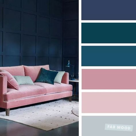 The best living room color schemes - Dark blue, teal, pink mauve Blue And Pink Living Room, Home Colour Design, Good Living Room Colors, Apartment Color Schemes, Teal Color Palette, Beautiful Bedroom Colors, Deco Pastel, Color Design Inspiration, Best Living Room