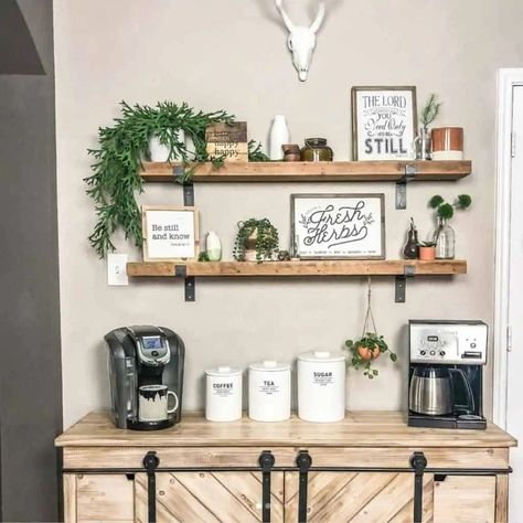 70 Must-See Coffee Bars & Stations to Fuel Your Caffeine Obsession! - Restore Decor & More Boutique Coffee Bar, Coffee Station Inspiration, Western Coffee Bar Ideas, Ideas For Coffee Bar, Boho Coffee Bar Ideas, Western Coffee Bar, Coffee And Wine Bar Ideas, Small Coffee Bar Ideas, Coffee Station Ideas Countertop