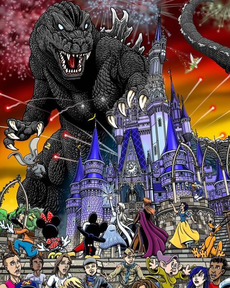 @gojira6428 on Instagram: “Godzilla attacking Disney world! Would a Kaiju scene in a theme park be cool? Credits to “kaijuverse” on deviant art. • • • •…” Godzilla Franchise, Disney Swag, Godzilla Funny, Godzilla Comics, Legendary Pictures, All Godzilla Monsters, Best Graffiti, Fox Kids, Cartoon Crazy