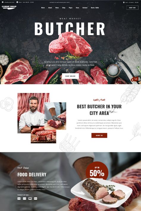 Carne is a versatile WordPress theme designed for butcher shops, meat restaurants, and businesses associated with the meat industry. Meat Design Graphics, Butcher Website Design, Meat Website Design, Meat Market Design, Butcher Design, Meat Food Styling, Meat Branding, Healthy Background, Beverage Illustration