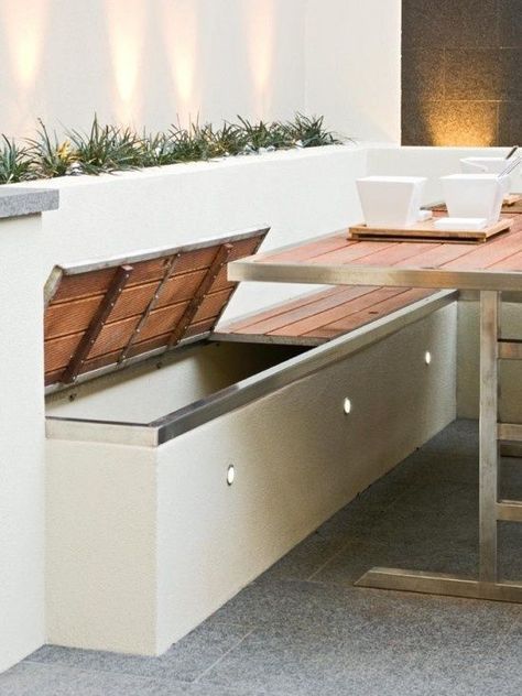 Storage benches - from Pinterest Built In Bench Seating, Outdoor Storage Bench, Courtyard Design, Built In Seating, Seat Storage, Patio Interior, Built In Bench, Garden Seating, Pergola Shade