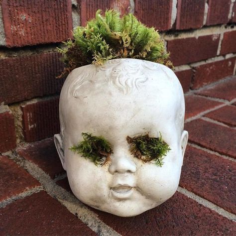 Creepy-Baby-Doll-Head-Planters Doll Planters, Creepy Baby Dolls, Plastic Lace, Dolls Diy, Creepy Doll, Scary Dolls, Spooky Halloween Decorations, Head Planters, Halloween Doll