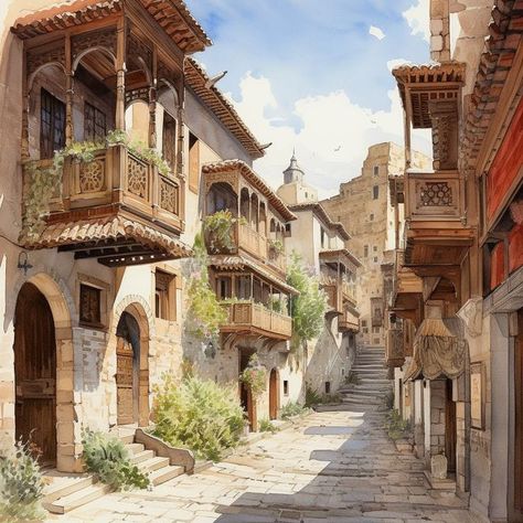 Sandstone Castle, Arabic City, Sandstone Architecture, Arabic Market, Ancient Roman Houses, Fantasy Village, Architectural History, Perspective Drawing Architecture, Arabian Art