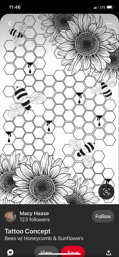 Bee With Honeycomb Drawing, Sunflower And Honeycomb Tattoo, Sunflower Honeycomb Tattoo, Bee Honeycomb Art, Honeycomb Coloring Page, Honey Combs Tattoo, Bee And Honeycomb Tattoo Sleeve, Bumble Bee And Honeycomb Tattoo, Honeycomb Pattern Tattoo