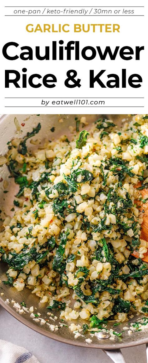 Garlic Butter Cauliflower Rice with Kale - #cauliflower #kale #recipe #eatwell101 - This cauliflower rice and kale skillet is done in only 15 minutes and can be served as a quick lunch, or as a side dish. - #recipe by #eatwell101 Kale Cauliflower Rice, Cauliflower And Kale Recipes, Kale Cauliflower Salad, Cauliflower Kale Recipes, Kale Cauliflower Recipes, Whole 30 Kale Recipes, Kale And Cauliflower Recipes, Low Carb Kale Recipes, Kale Keto Recipes