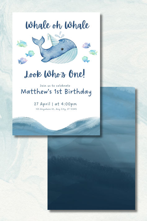 Whale of Whale Party Invitation Editable for Digital download and Print.  Visit my Etsy page to download! Whale Birthday Theme, Whale Birthday Parties, 1st Birthday Invitations Boy, Whale Party, Oh Whale, Whale Birthday, Theme First Birthday, Whale Theme, 1st Birthday Party Invitations