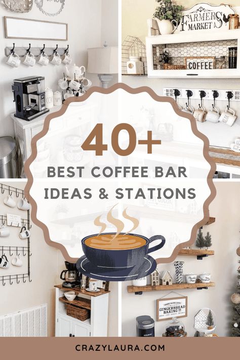 It doesn't matter if you're going for a farmhouse, modern or rae dunn inspired look, these coffee bar ideas and station designs will give you inspiration! #coffeebar #diy Coffee Bar Cart, Crazy Laura, Rental Home Decor, Coffee Mug Display, Coffee Bar Ideas, Farmhouse Coffee Bar, Diy Coffee Bar, House Redo, Bar Inspiration