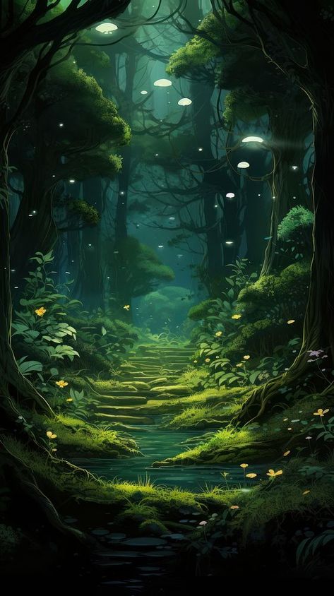 Deep forest outdoors scenery nature.  | premium image by rawpixel.com / Ling Night Forest Illustration, Wallpaper Fantasy, Advanced Higher Art, Cover Novel, Inspirational Pics, Background Anime, Pro Create, Forest Drawing, Red Cover