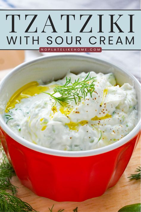 Make your own homemade Greek tzatziki with sour cream. It tastes wonderful to put on warm pita bread for a quick snack or dip carrots into. This recipe is made with sour cream, EVOO, fresh dill, lemon juice and garlic. It's a great alternative to using Greek yogurt. Add it to a Mediterranean dip tray for a make ahead, delicious appetizer. It's gluten-free and vegetarian. Click on the link to get this delicious and easy recipe! Easy Taziki Sauce, Homemade Taziki Sauce, Taziki Sauce, Greek Tzatziki Recipe, Sour Cream Dip Recipes, Recipe With Sour Cream, Mediterranean Dip, Greek Tzatziki, Greek Sauce