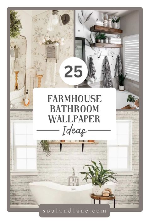 Transform your bathroom into a cozy retreat with charming farmhouse wallpaper designs. Dive into patterns that evoke the rustic charm of country living, from delicate florals and classic gingham to pastoral scenes and toile. These wallpapers add warmth and texture, creating an inviting space that blends nostalgia with modern flair. Learn how to pair your farmhouse wallpaper with vintage fixtures and natural elements for a harmonious look. Whether you're looking to create a statement wall or enve Country Farmhouse Bathroom Wallpaper, Small Bathroom Wallpaper Accent Walls Farmhouse, Patterned Tile Floor With Wallpaper, Small Farmhouse Bathroom Wallpaper, Guest Bathroom Wallpaper Modern, Wallpaper For Bathroom Farmhouse, Bathroom With Shiplap And Wallpaper, Modern Farmhouse Wallpaper Bathroom, Modern Farmhouse Bathroom Wallpaper