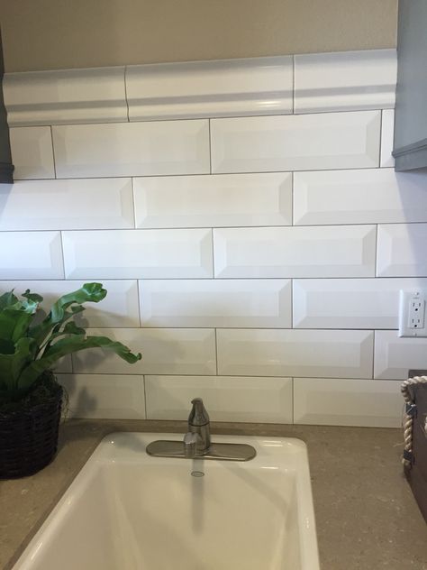 Beveled subway and Quartz Long Subway Tile Backsplash, Long Subway Tile, Beveled Subway Tile, Tiles Backsplash, Subway Tile Backsplash, Kitchen Tile, Kitchen Tiles Backsplash, Kitchen Tiles, Subway Tile