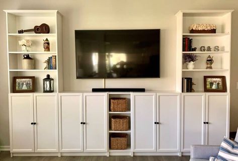 IKEA Billy Hacks that Look Custom-Made & Elegant Billy Ikea Tv Wall, Billy Bookcase Tv Wall Living Room, Ikea Billy Media Center, Hemnes Bookshelf Hack, Ikea Tv Unit Hack Billy Bookcases, Tv Billy Ikea, Billy Book Case Tv, Ikea Built In Tv Wall Unit, Billy Bookcase Media Wall