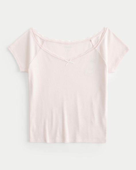 Women's Off-the-Shoulder Lace Trim Top | Women's Tops | HollisterCo.com Hollister Clothes, Bday List, Off The Shoulder Tee, Outfit Inso, Lights Bedroom, Lace Trim Top, School Clothes, Trim Top, Karate Kid